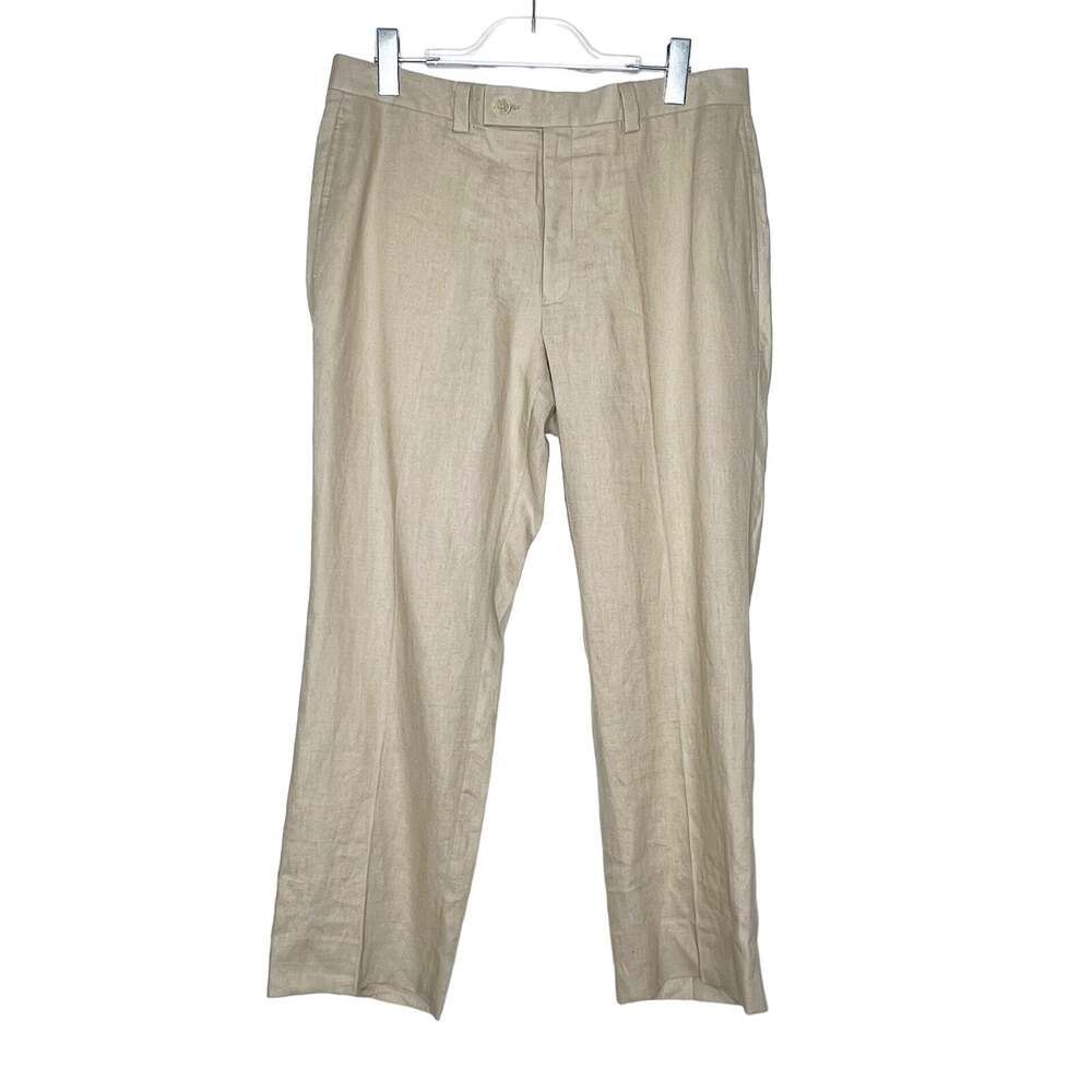 CALVIN KLEIN Mens Linen High-Rise Flat Front Straight Leg Pants Beige Size 35W
